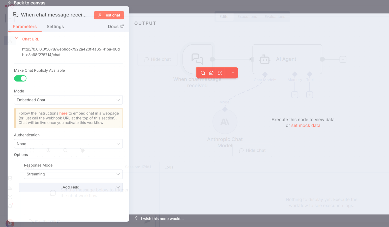 n8n on chat message configuration